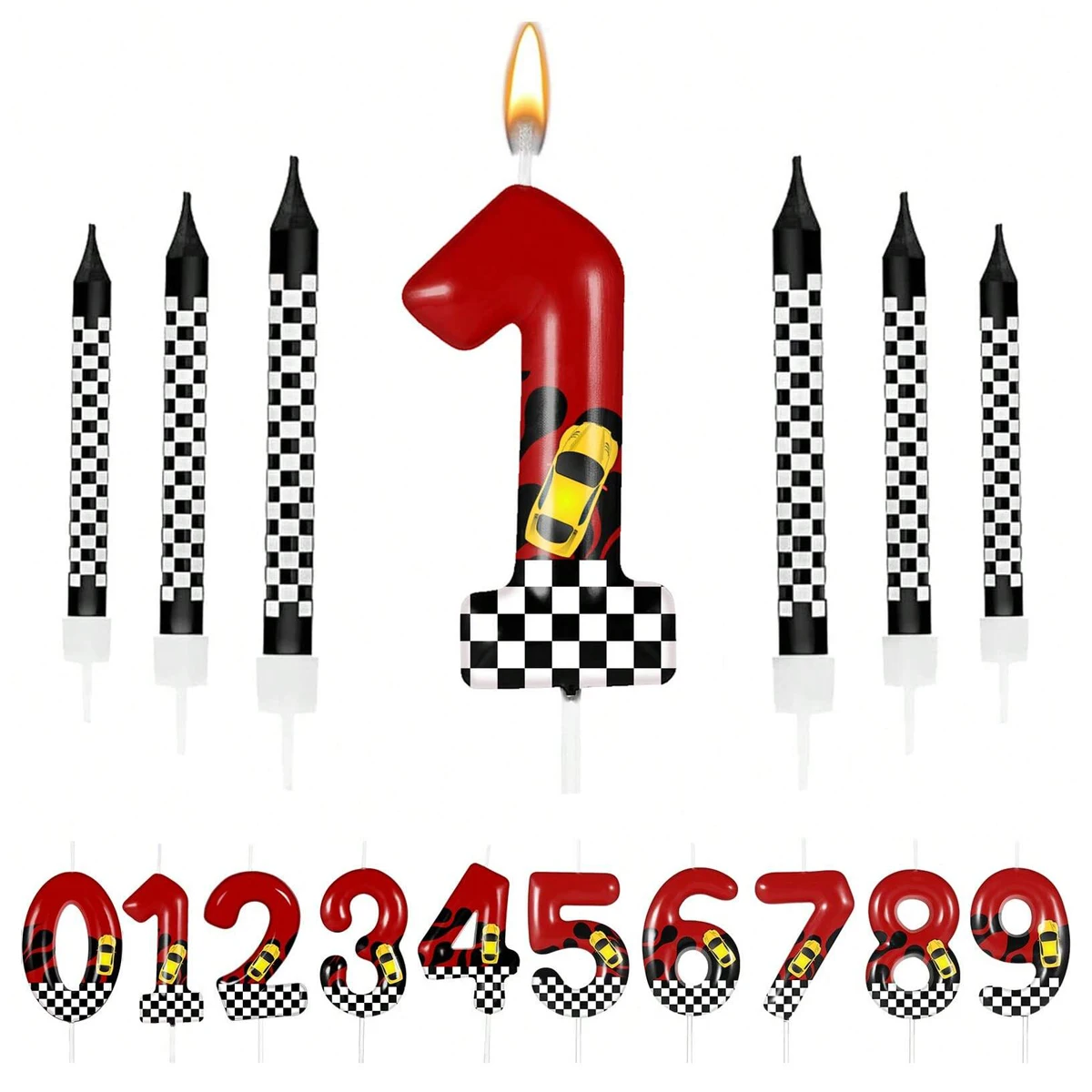 7pcs Red Racing Cars Themed Birthday for CakeCandles, Number 0-9 Candle Birthday Cake Topper，Checkered Flag,Cake Decoration