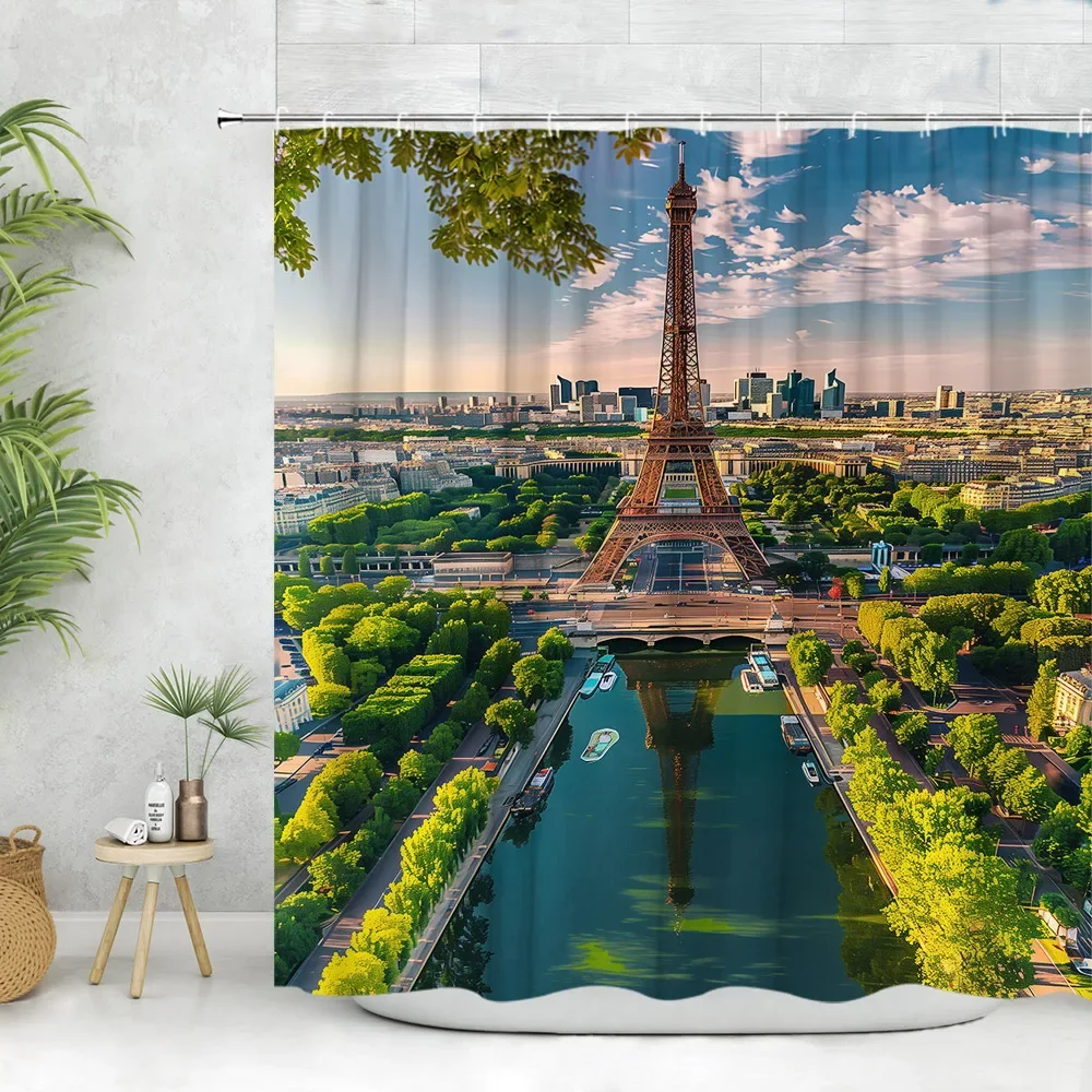 Urban Building Shower Curtain, Vintage Paris Tower Big Ben Street Scenery Red Phone Booth Plant Flower Polyester Bathroom Decor