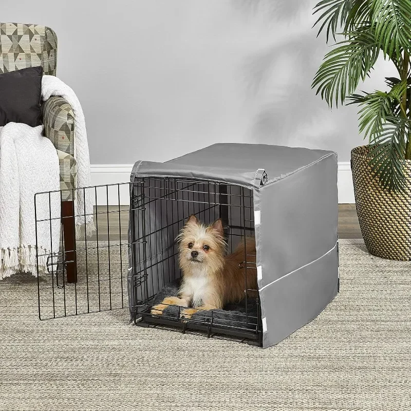 The Two-door Dog Crate Kit Includes A Two-door Crate with Matching Grey Bed and Grey Crate Lid for Small Dog Breeds