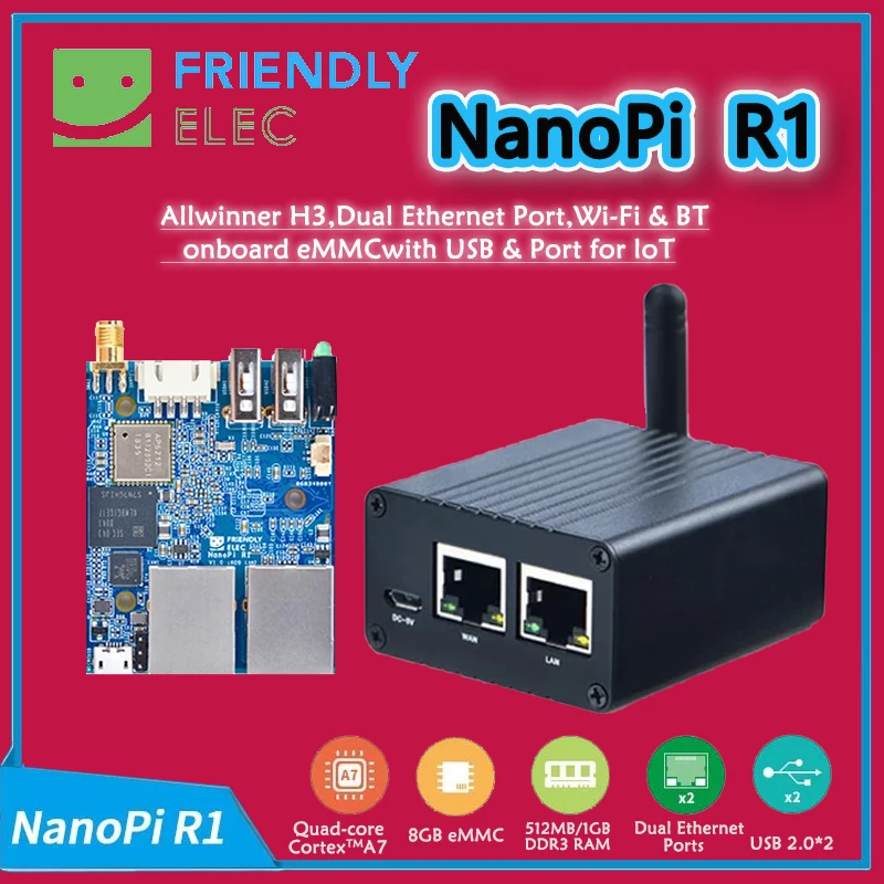 NanoPi R1 Allwinner H3 1GB RAM 8GB eMMC Gbps إيثرنت واي فاي بلوتوث OpenWRT cortex-A7 FriendlyELEC 5V2A EU/US Power اختياري