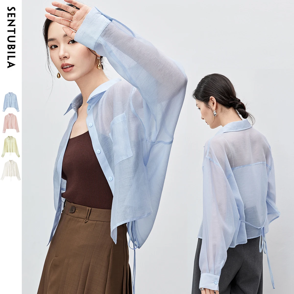 SENTUBILA Women Lyocell See Through Shirt 2026 Summer Ladies Long Sleeve Crop Tops Casual Lace Up Shirts & Blouses 142C54323