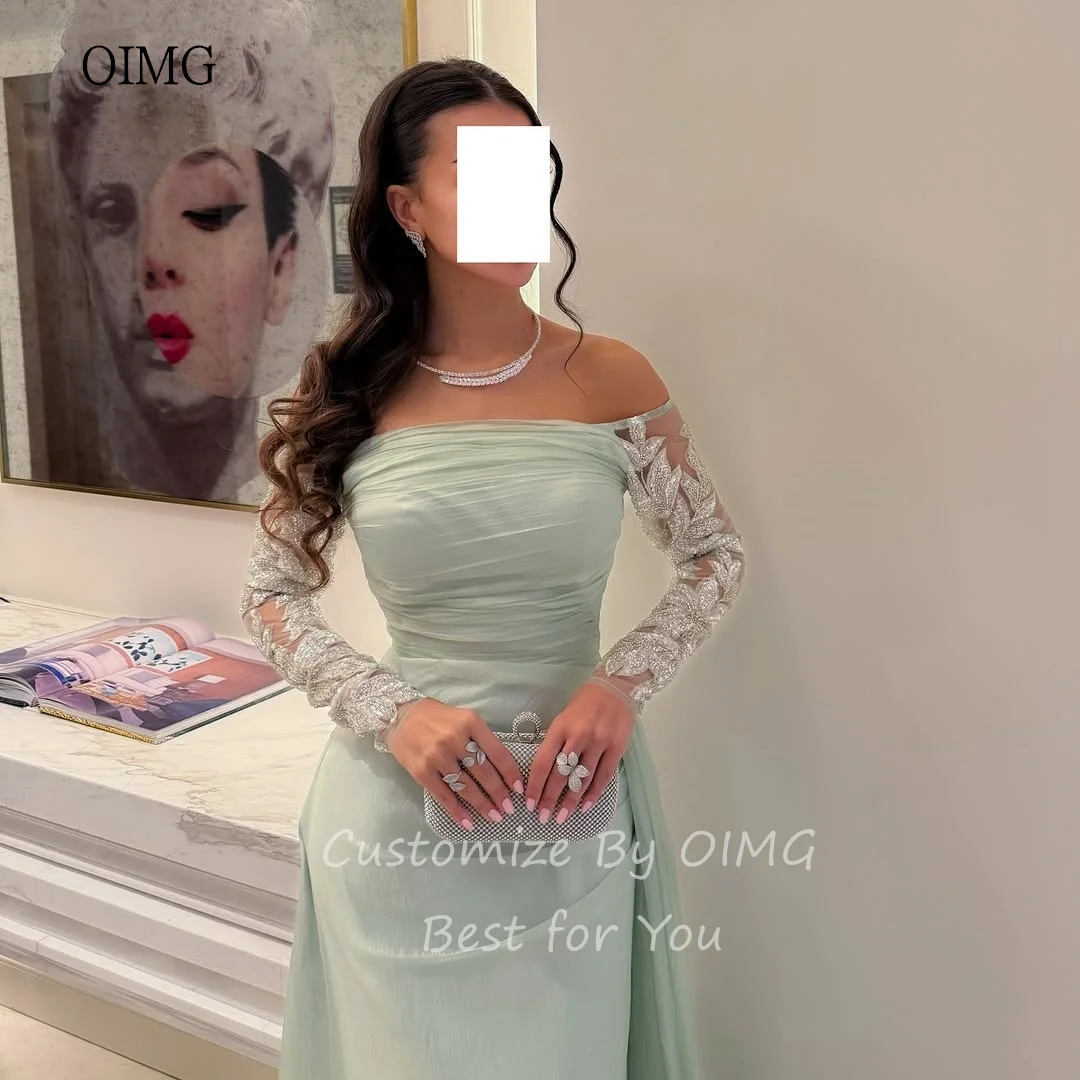 OIMG Glanzende Lichtgroene Zeemeermin Prom Jassen Uit De Schouder Formele Party Gown Chiffon Avondjurk vestidos de fiesta Aangepaste