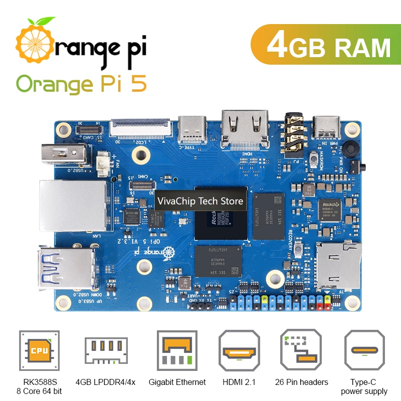 VivaChip TechOrange Pi 5 4GB RK3588S PCIE Module External WiFi+BT,SSD Gigabit Ethernet Single Board Computer, Run Android Debian