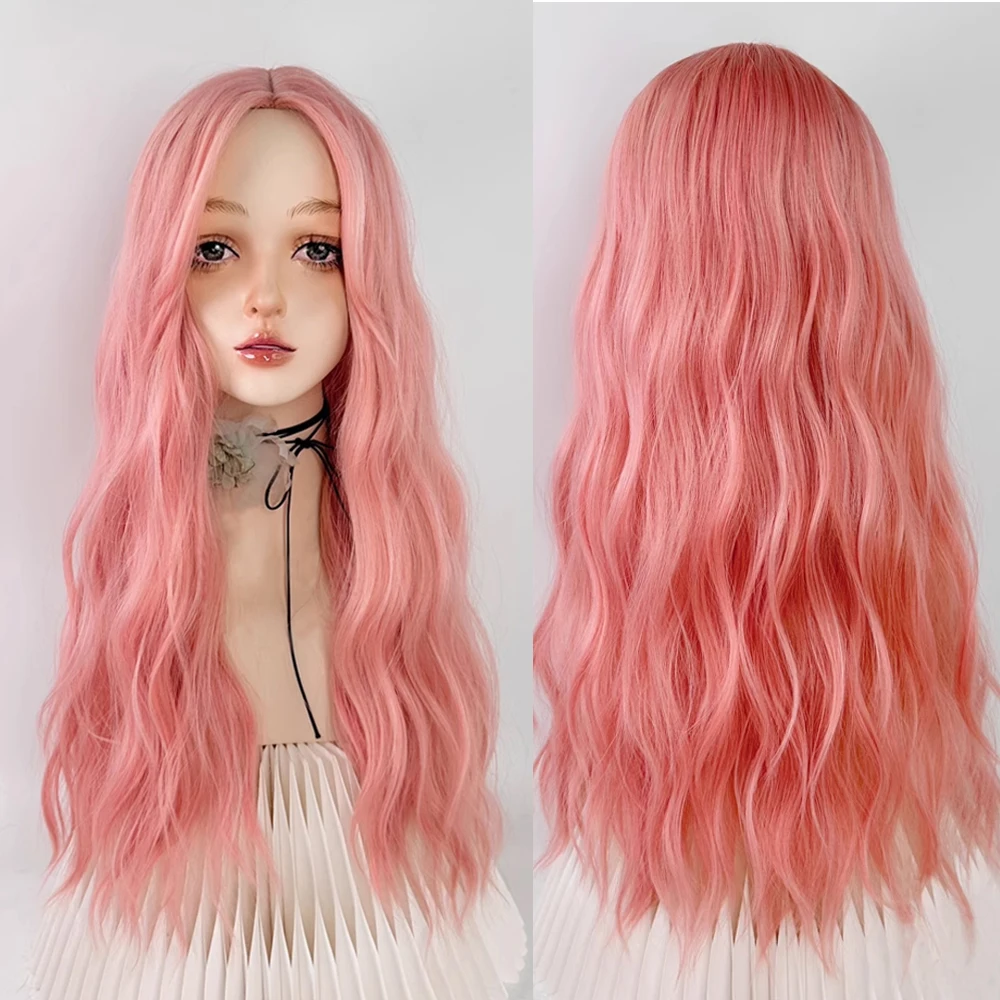 

Synthetic Long Wavy Women Pink Wig Middle Part Natural Lolita Cosplay Fluffy Hair Wig for Daily Party