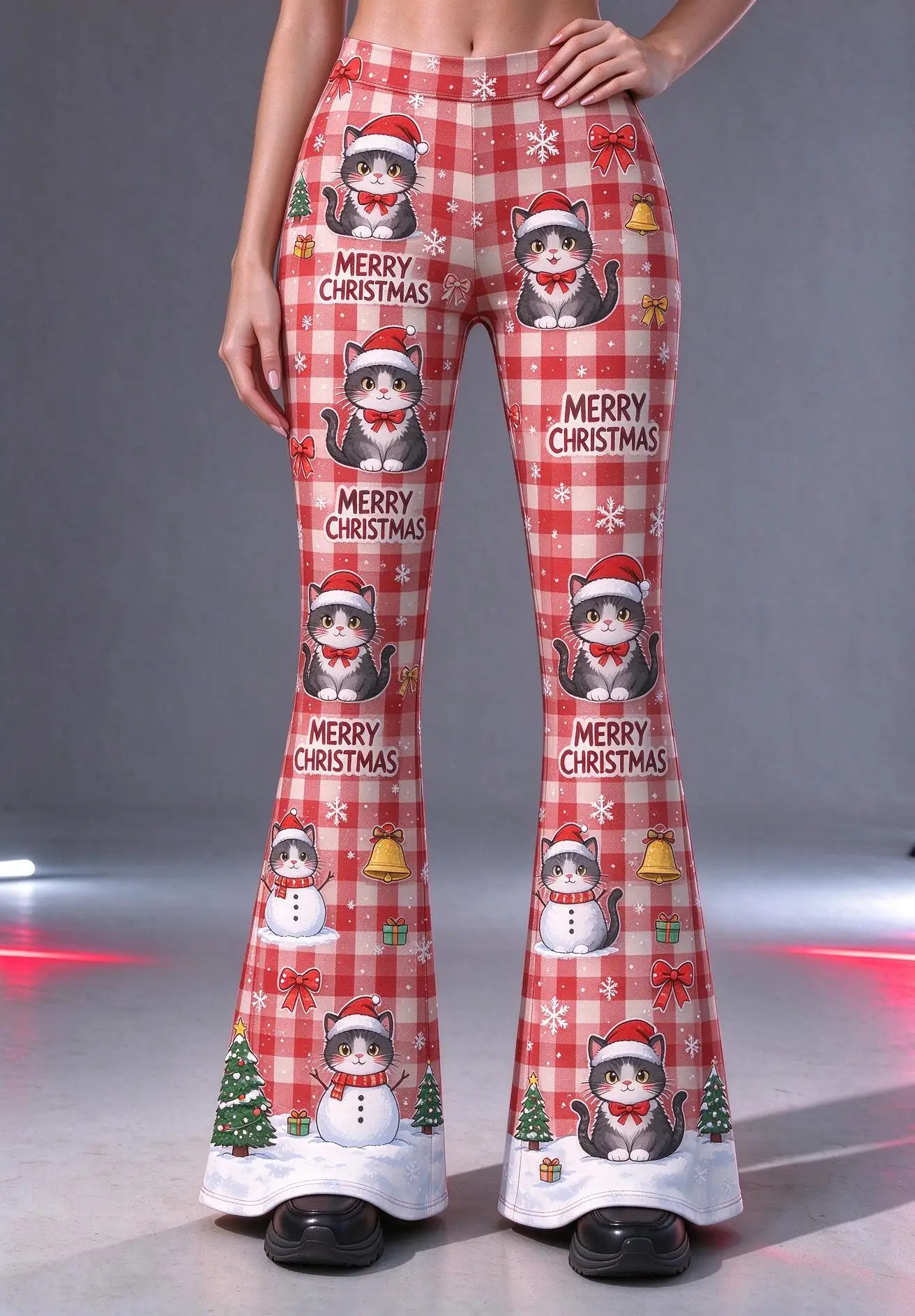 Women Mid-Rise Slim Flared Pants Red Buffalo Plaid Christmas Cat Santa Hat LET'S PARTY Print Stretch Bell Bottoms