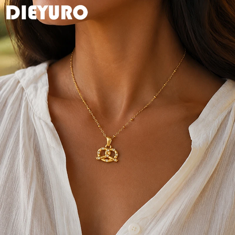 DIEYURO Exquisite Simple Inlay Zircon Golden Geometric Hollowout Alkali Water Pendant Necklace Lady Stainless Steel Jewelry Gift