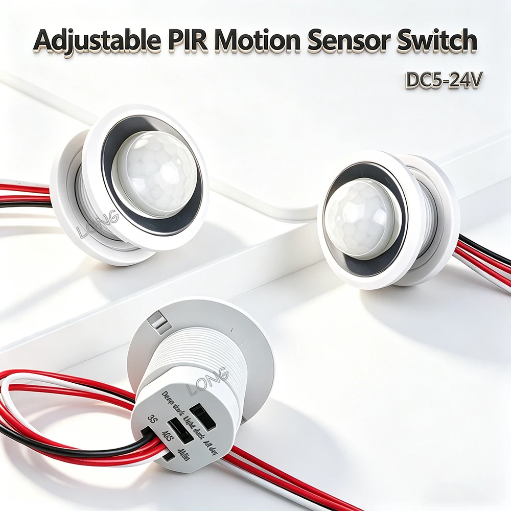 PIR Infrared Sensor Switch DC5-24V 100W Delay Time & Light Sensitivity Adjustable for Closet Cabinet Corridor Ceiling LED Lamp