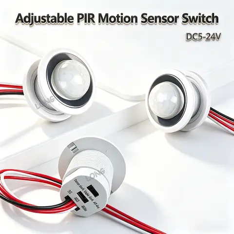 PIR Infrared Sensor Switch DC5-24V 100W Delay Time & Light Sensitivity Adjustable for Closet Cabinet Corridor Ceiling LED Lamp
