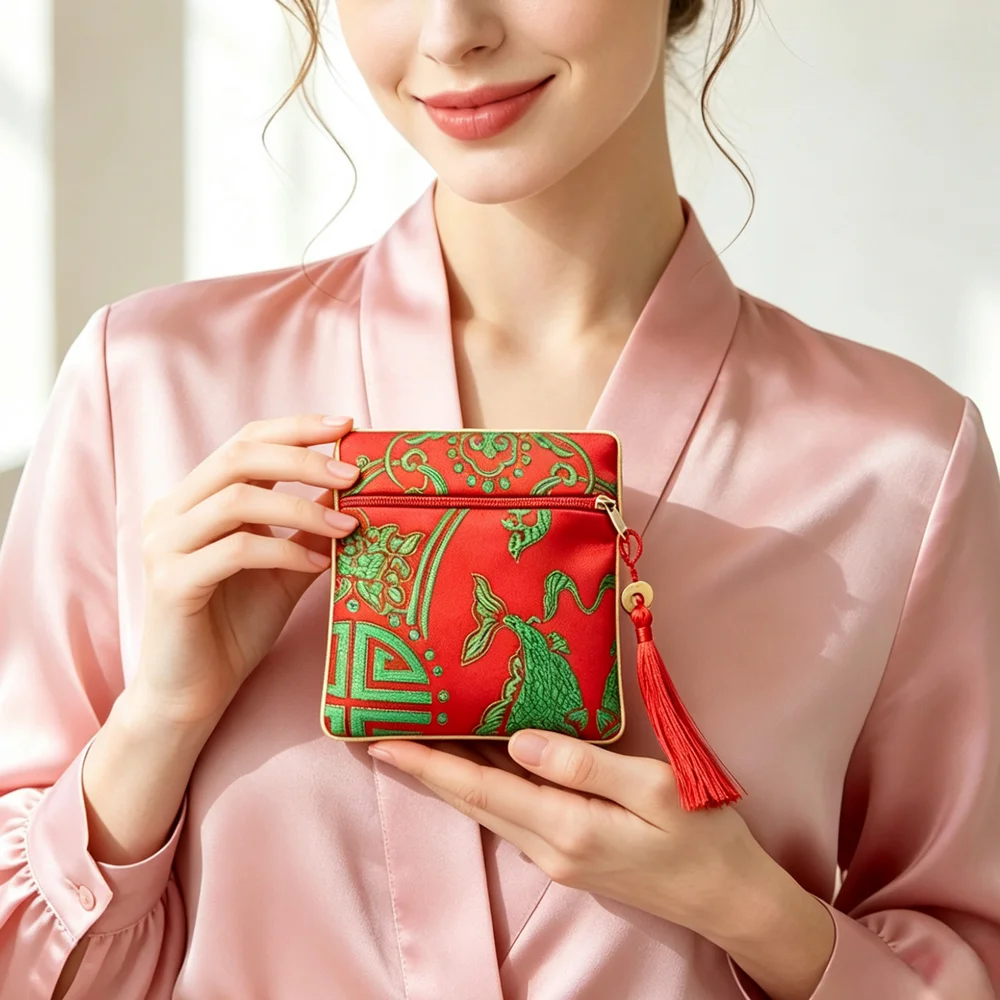 Square Red Jacquard Coin Purse – Auspicious Coins & Flowing Water Motif, Symbolizing Everlasting Prosperity, Exquisite & Refined