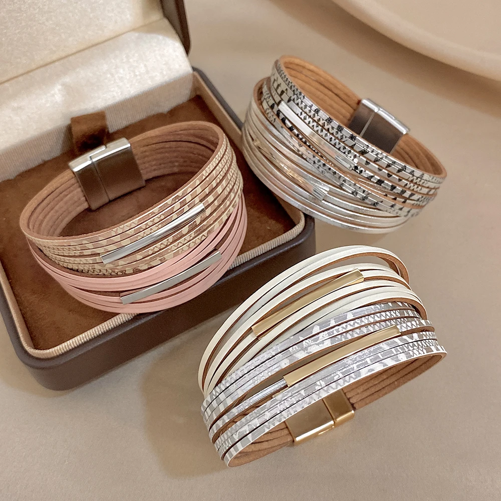 ALLYES Boho Geometric Printing Leather Bracelet for Women Chunky Multilayer Slim Strips Wrap Wide Bracelets Charm Jewelry