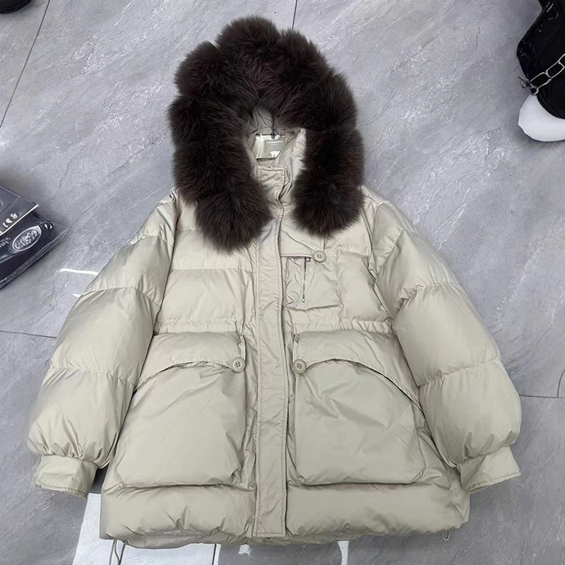 الشتاء الطبيعي كبير الفراء طوق منتصف طول أسفل سترة المرأة الأبيض بطة أسفل مقنعين باركر أبلى الإناث سستة سترة سميكة دافئة #2