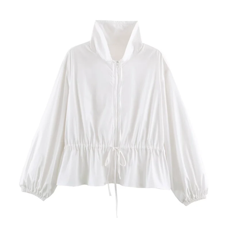 2026 Spring Autumn New Arrival Pure White Ladies' Jacket Zipper Closure With Elastic Drawstring Casual Outerwear For Women
