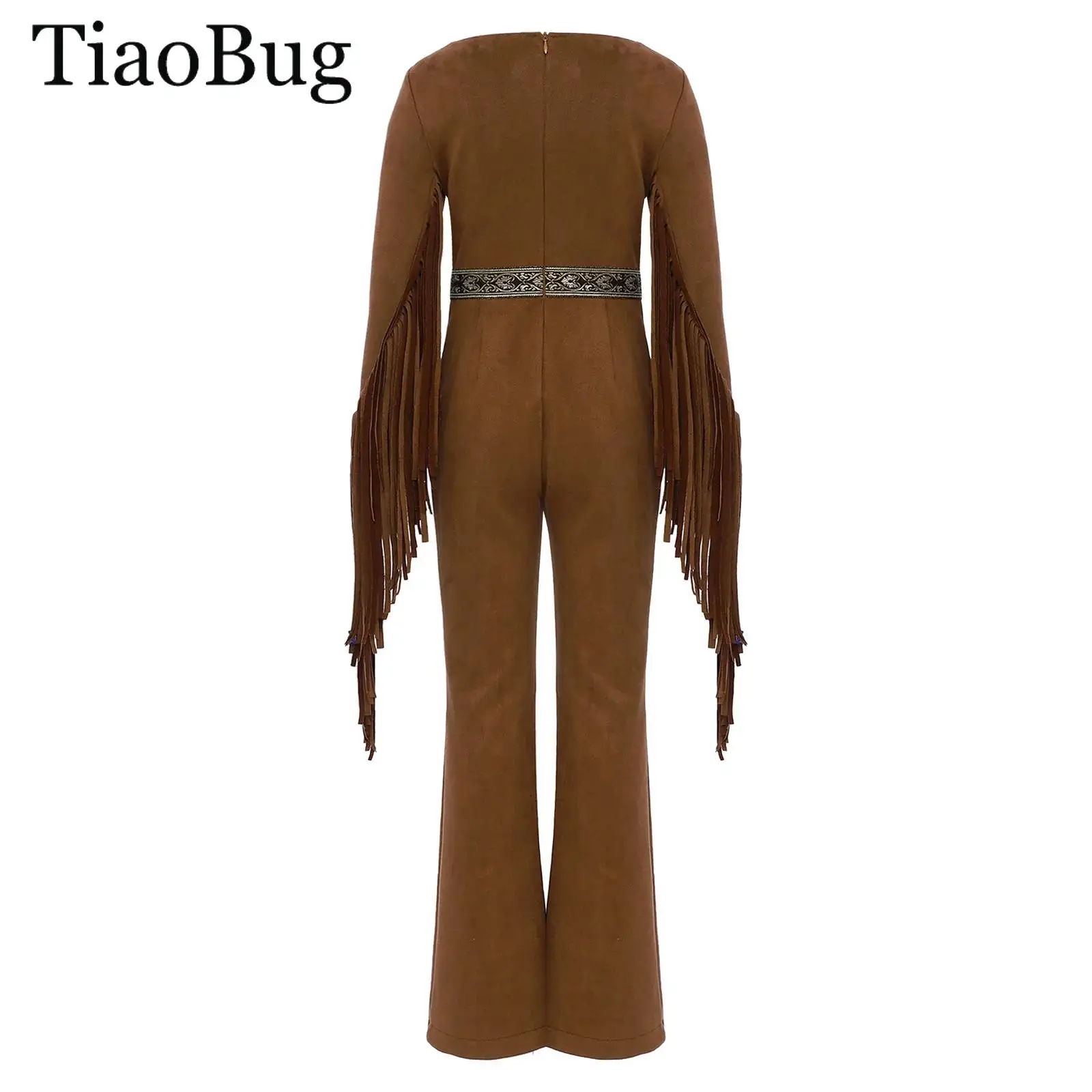 

Girls Native Caveman Savage Outfit Indian Indigenous Costume Cowgirl Jumpsuit Unique Pattern Fringed Long Sleeve Zipper Clothing