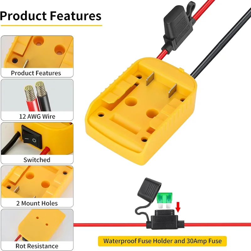 Power Wheels Adaptor for Dewalt 18V 20V Battery Dock Power Connector with Switch Fuse & Wire Terminals for RC Car Toys Robotics