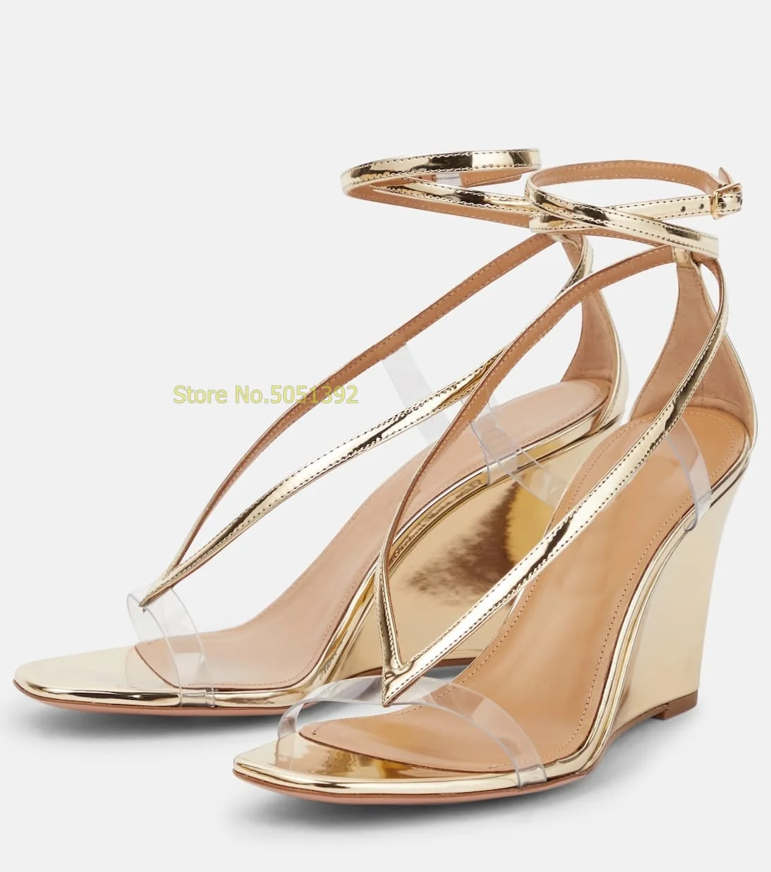 Gold Wedges Strappy Women Sandals Clear PVC Strap Cover Heel Ankle Buckle Strap Open Toe Fashion 2024 Summer Women Dress Shoes