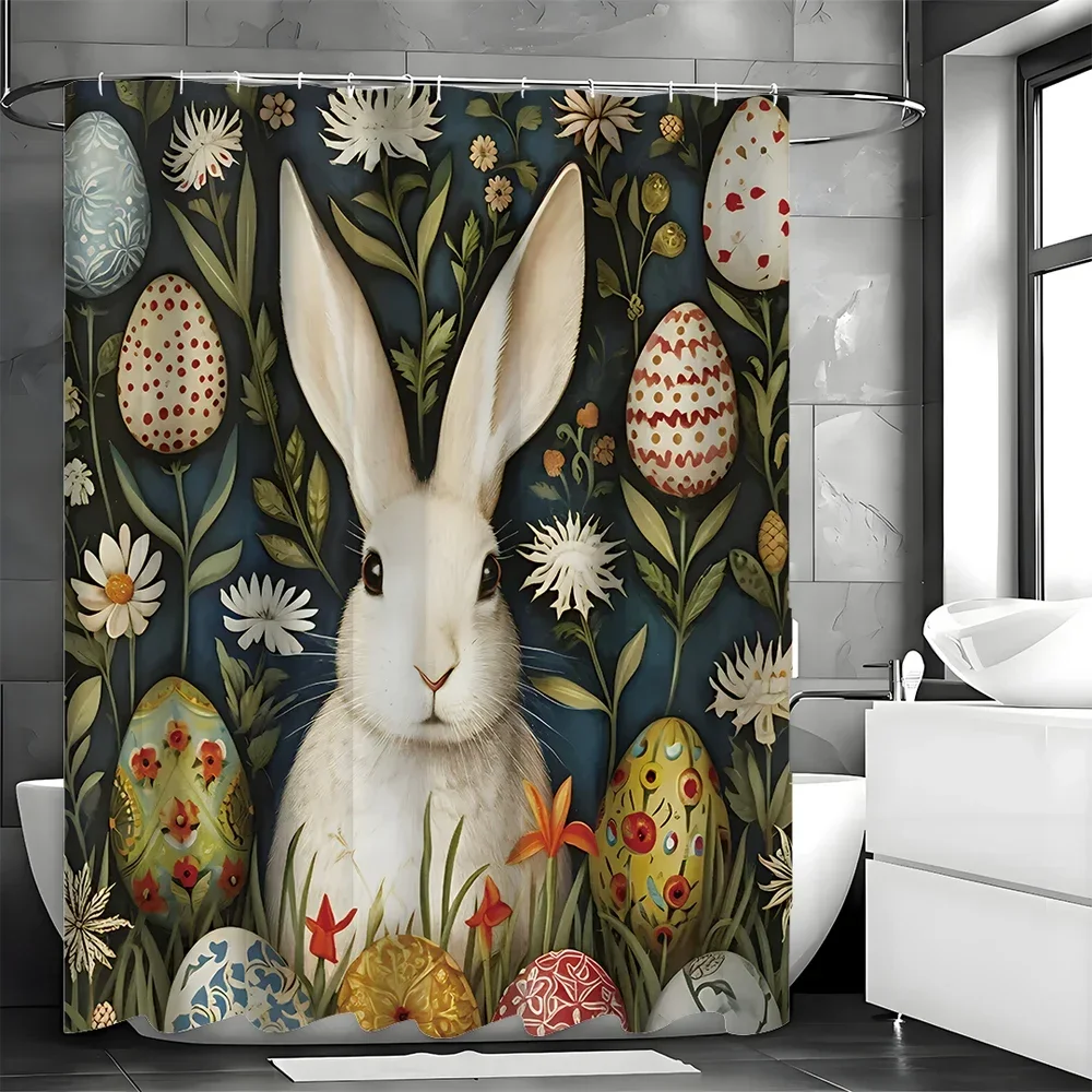 Easter Cute Bunny Shower Curtain, Cute Green Floral Egg Spring Bathroom Decorative Shower Curtain, Waterproof Shower Curtain w