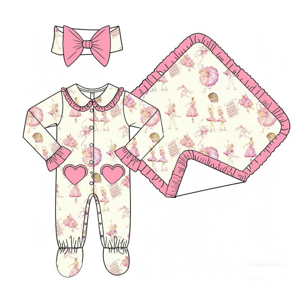 Boutique Girls' Blanket and Romper Lapel Ruffle Buttons Love Pocket Binding Feet Girl Dance Dream Print Custom Patterns