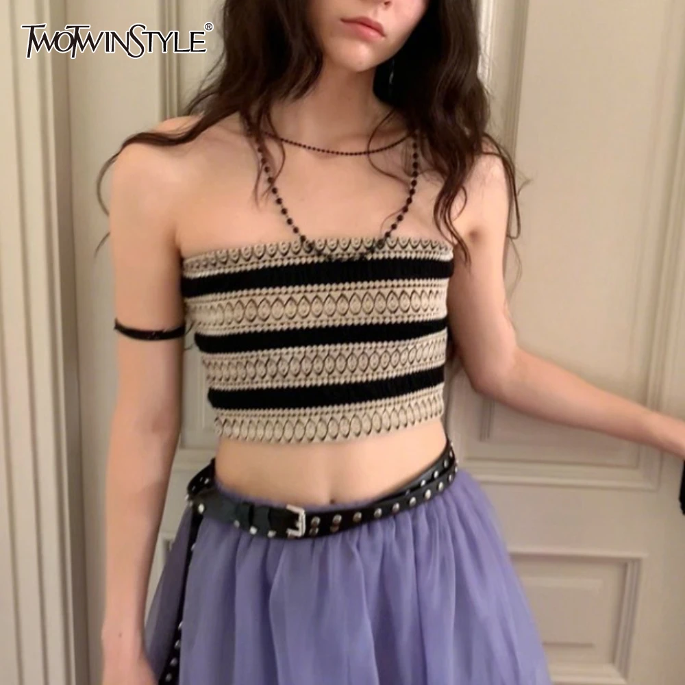 

TWOTWINSTYLE Black Spliced Striped Vest Female Strapless Sleeveless Sexy Basics Slimming Women's Vests Summer Style Fashion New