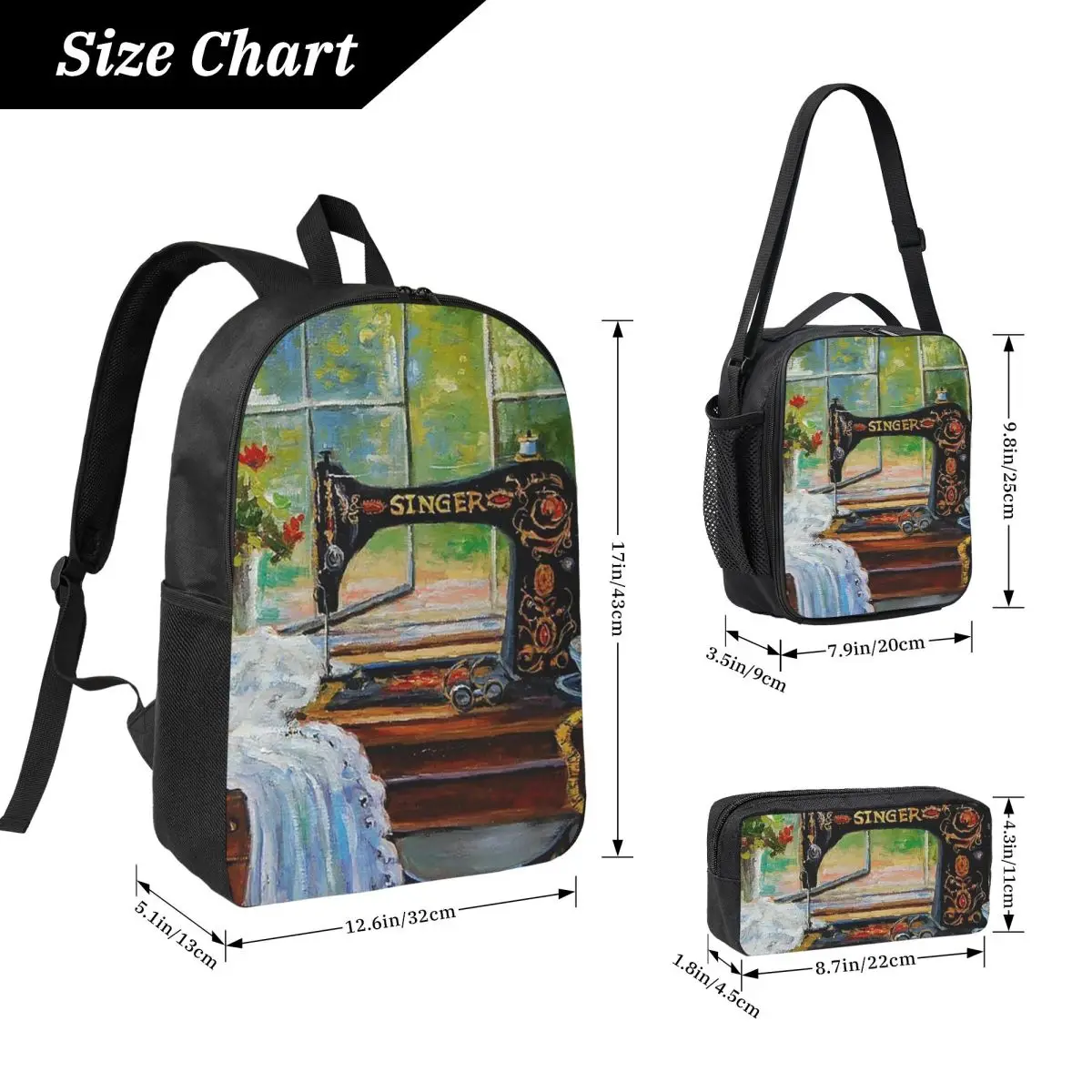 Vintage Sewing Machine Sewing Time Backpack Student BookBag School Bag Laptop Shoulder Bags 3ps Insulated Lunch Bag Pencil Case