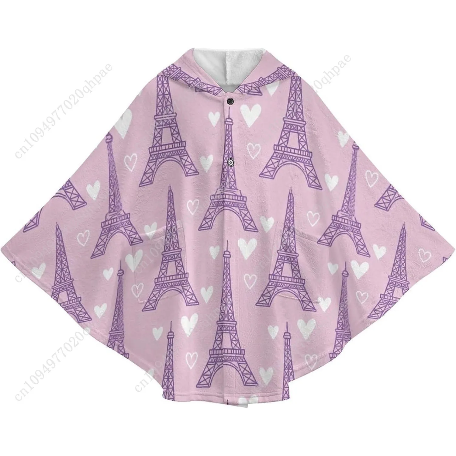 سترة بطانية مريحة من الفلانيل، هوديي كبير الحجم بنمط قلوب برج ايفل مع جيوب للأطفال والمراهقين #4