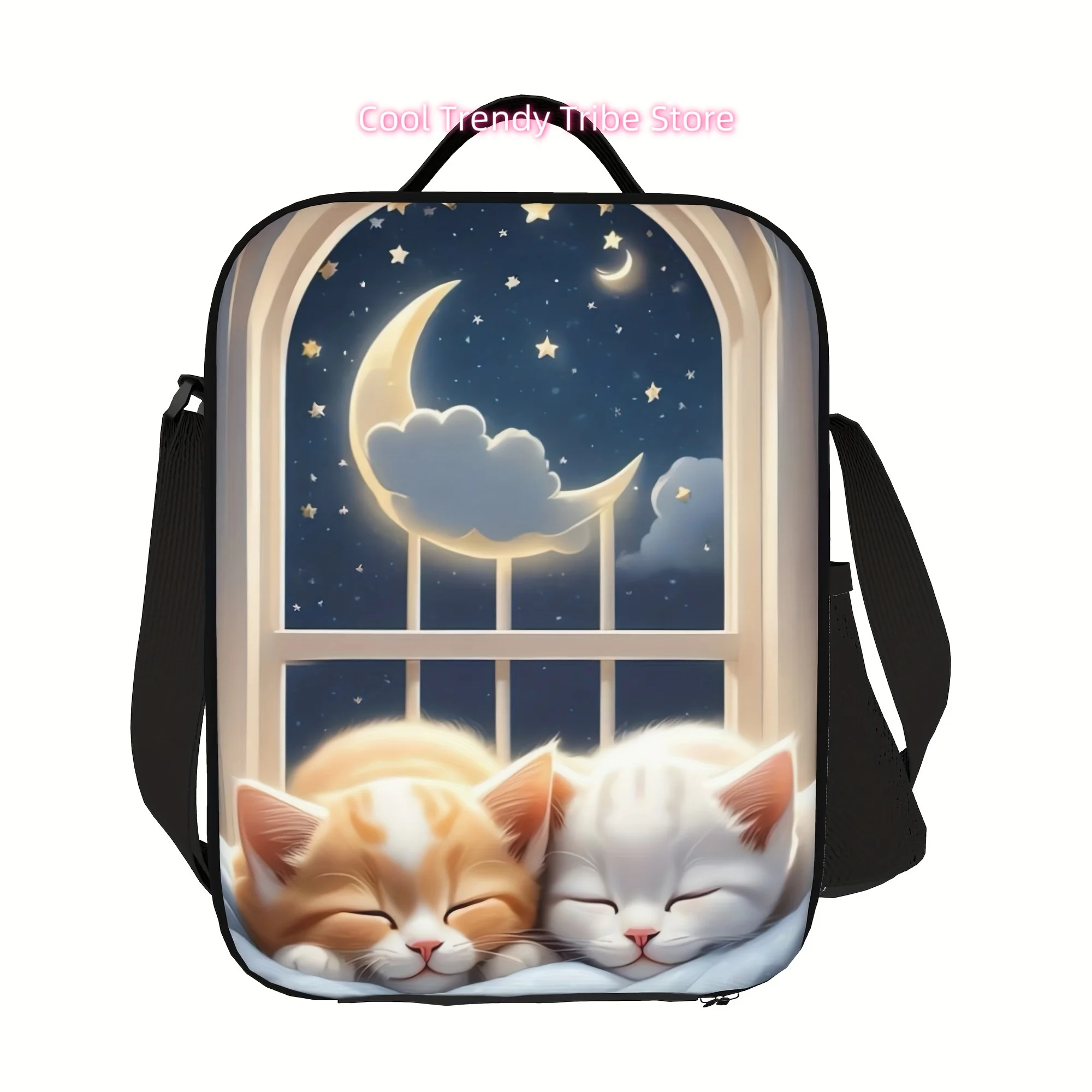 Sleeping Cats Print Insulated Lunch Bag - Portable Reusable Lunch Box for Work, Picnics, School, Hand-Washable Polyester, Animal