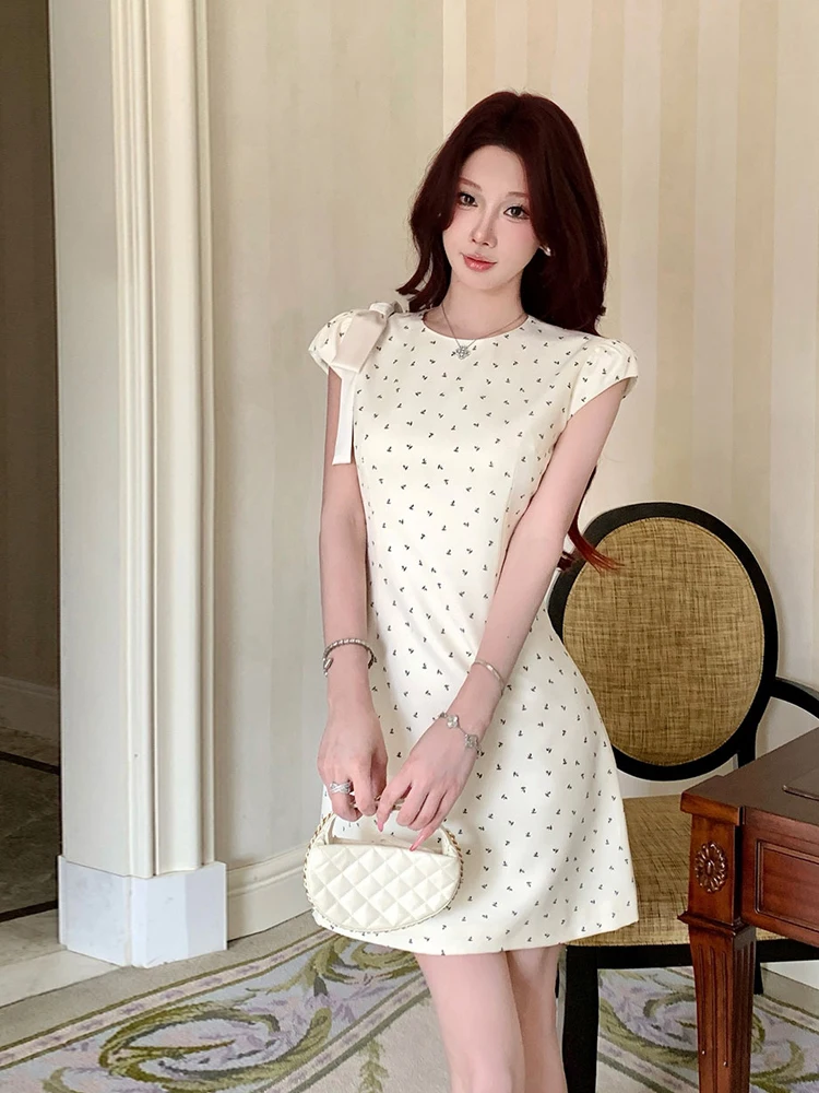 

French Style round Neck Print Dress Slimming A-Line Skirt High Waist Short Sleeve Breathable Comfortable Summer Dress