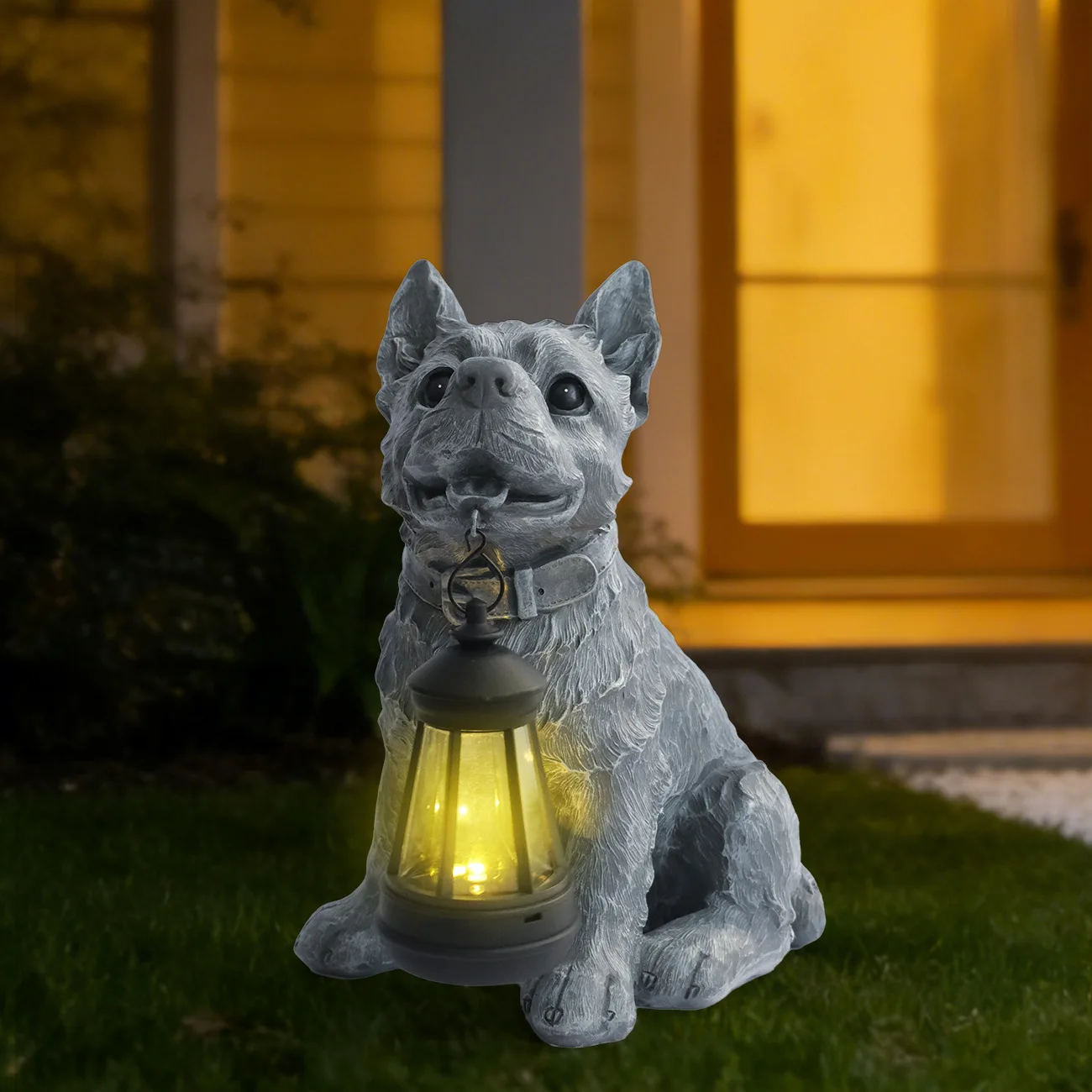Golden Dog Solar Statue with Hanging Lantern Weatherproof Resin Puppy Figurine, Outdoor Yard Patio Lawn Garden LED Light Decor