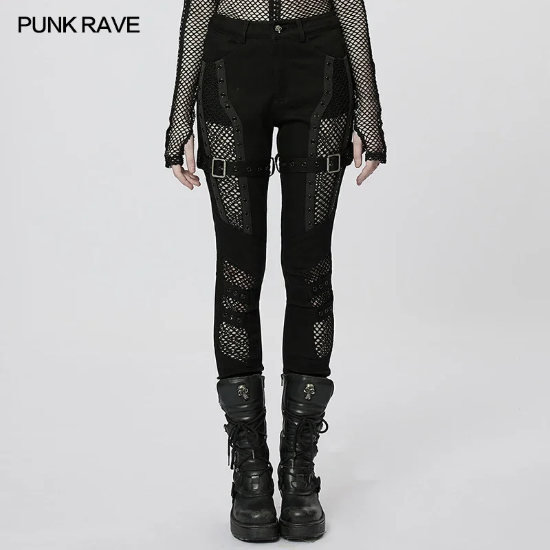 

PUNK RAVE Women's Punk Twill Denim Fabric & Mesh Splicing Sexy Tight Pants Personalized Slim Trousers Spring/autumn Streetwear