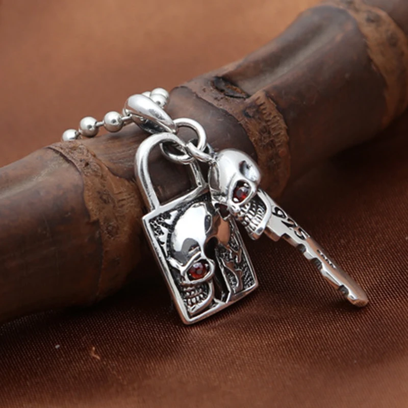 S925 Sterling Silver Gothic Style Skull with Red Eyes Key Lock Couple Necklace Unisex