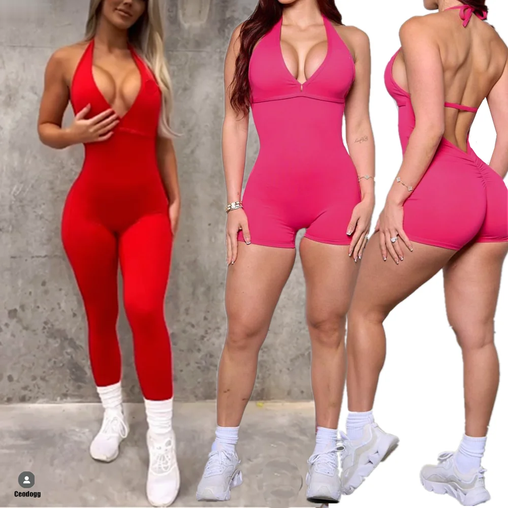 2024 Pad Nylon V Back One Piece Jumpsuit Skinny Yoga Set Scrunch Pant Breathable Women Wrinkle Peach Hip Exercise Workout Active