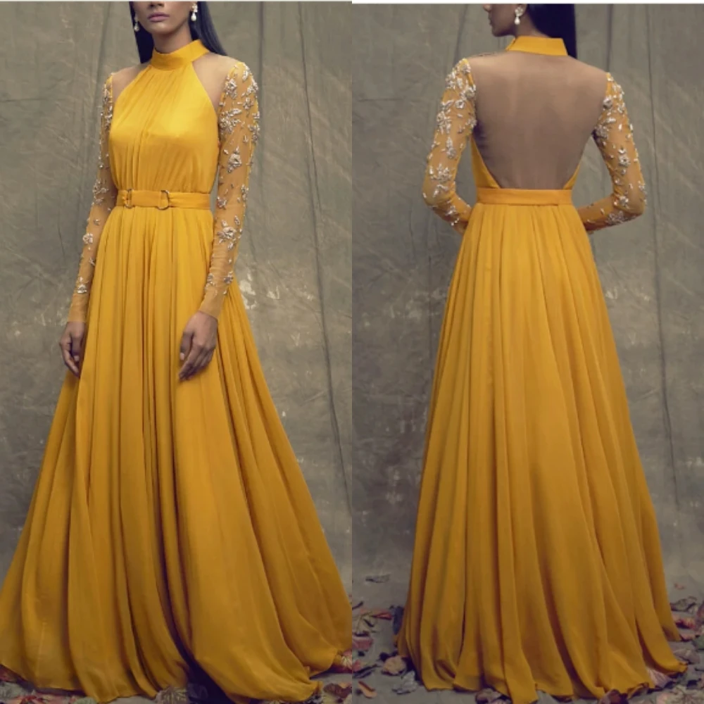 Jiayigong  Chiffon Sequined Sash Prom A-line High Collar Bespoke Occasion Gown Long Dresses Saudi Arabia