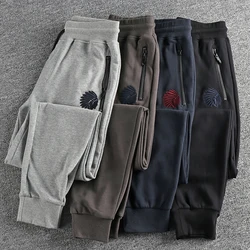 Autumn American Retro Terry Knitted Embroidery Sweatpants Men's Simple Elastic Waist Drawstring Sport Casual Youth Slim Pants