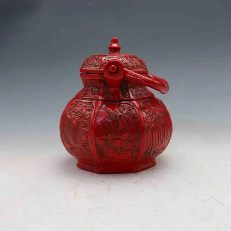 Delicate Chinese Collectable Red Coral Hand Carved Fish & Bird Teapot&lid