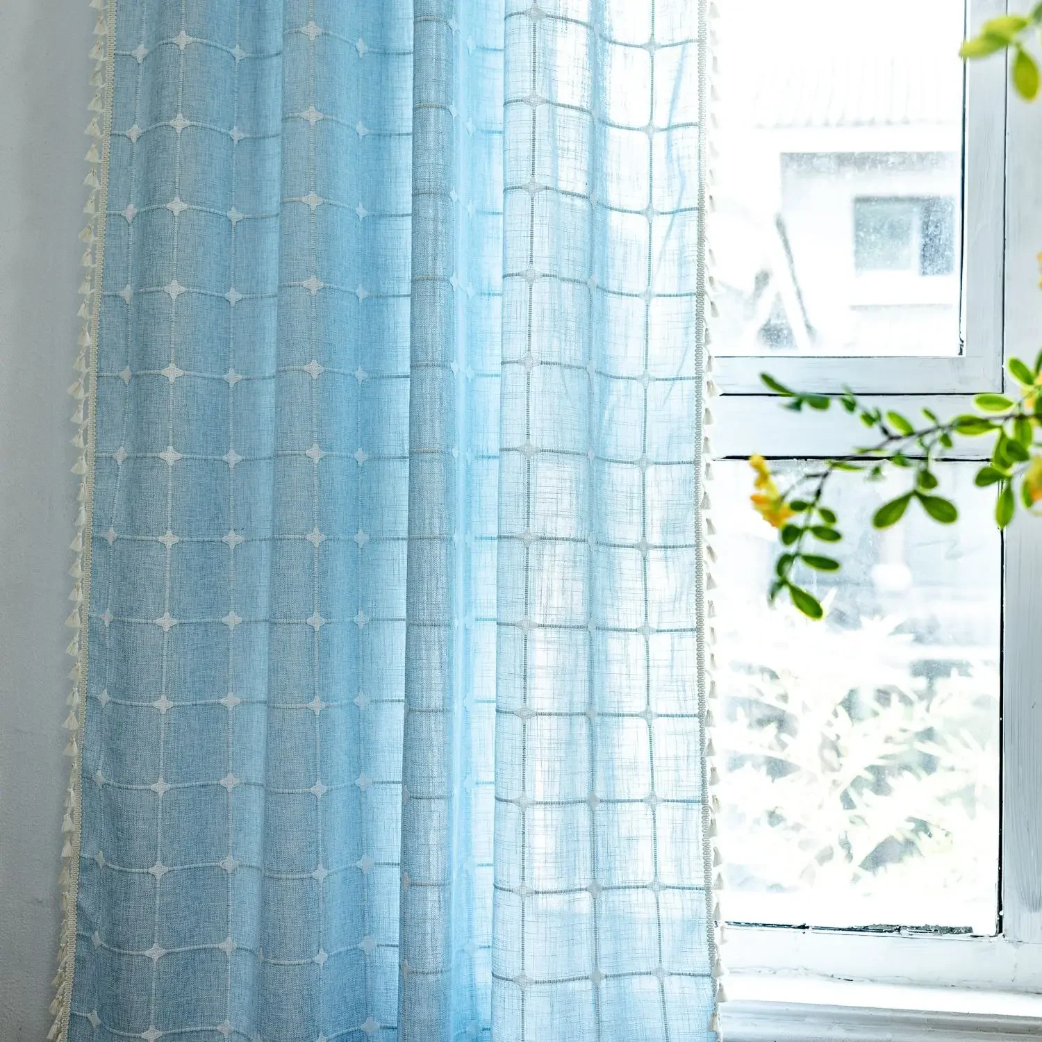 Cotton Linen Square Curtains Road Pocket Shade Curtain Tassel for Kitchen Bedroom Living Room Bay Window Cabinet Curtain