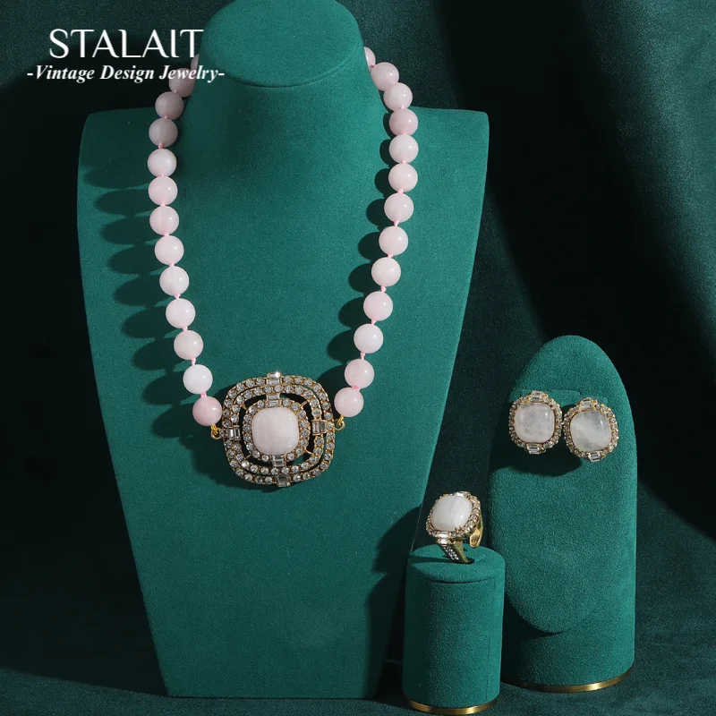 

Romantic Pink Rose Quartz Square Vintage Jewelry Sets Natural Stone Beaded Chain Women Cat Eye Gold Plated Luxury Party New Suit