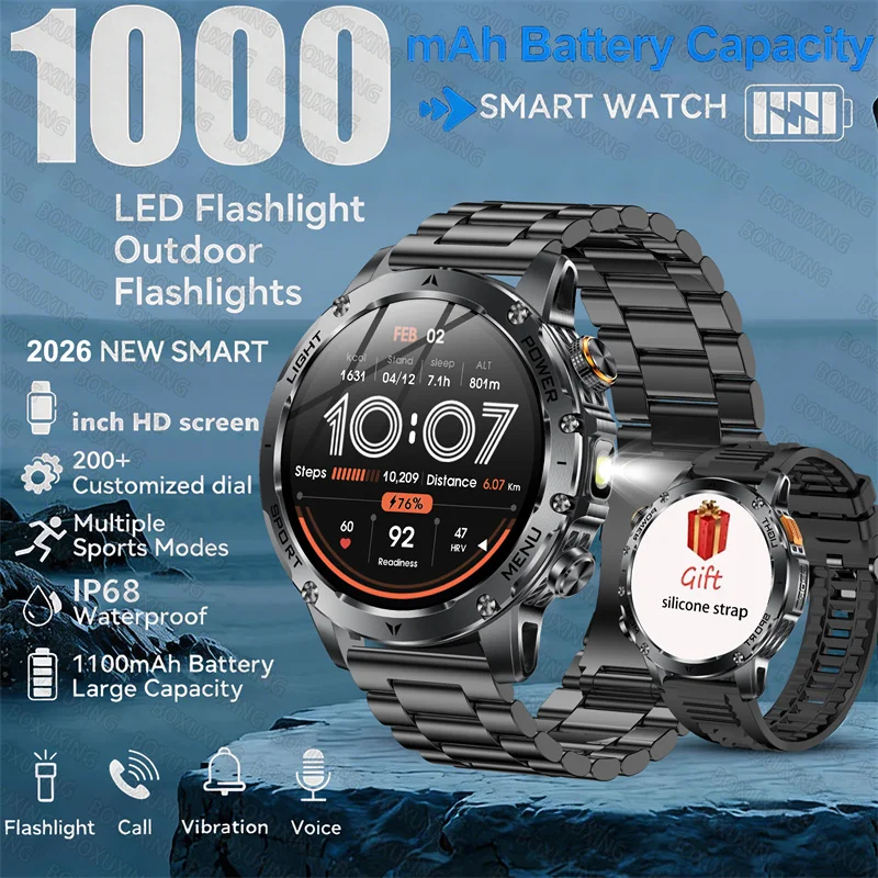 

2026 New GPS Outdoor Sports Smart Watch Men AMOLED Screen NFC Flashlight Heart rate Waterproof Bluetooth Call 1000mAh SmartWatch