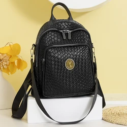 Women Soft Leather Backpack New Woven Pattern High Quality  Leisure Travel Large Capacity School Bag Teenage Girls Black Mochila