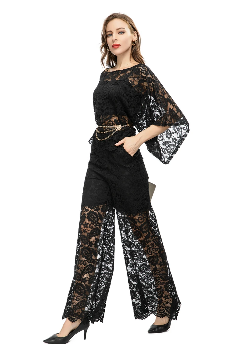 Women's Three Piece Pants Sets O Neck Bat Wing Sleeves Blouse with Wide Leg Pant Fashion Twinsets