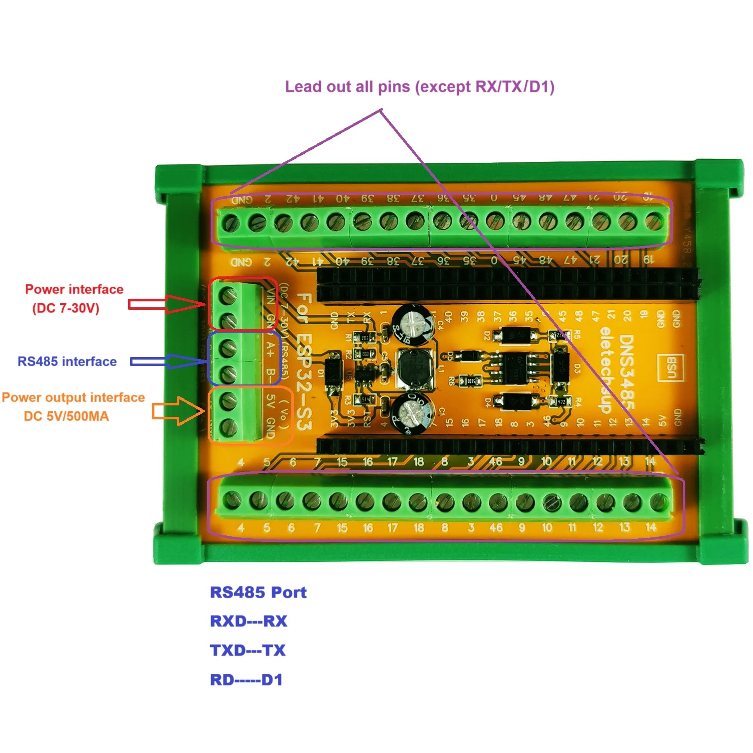 ESP32 S3 AIOT Expansion Board 2.4G WiFi BLE Powerful AI Acceleration Reliable Security Features MCU USB to RS485 Modbus Module