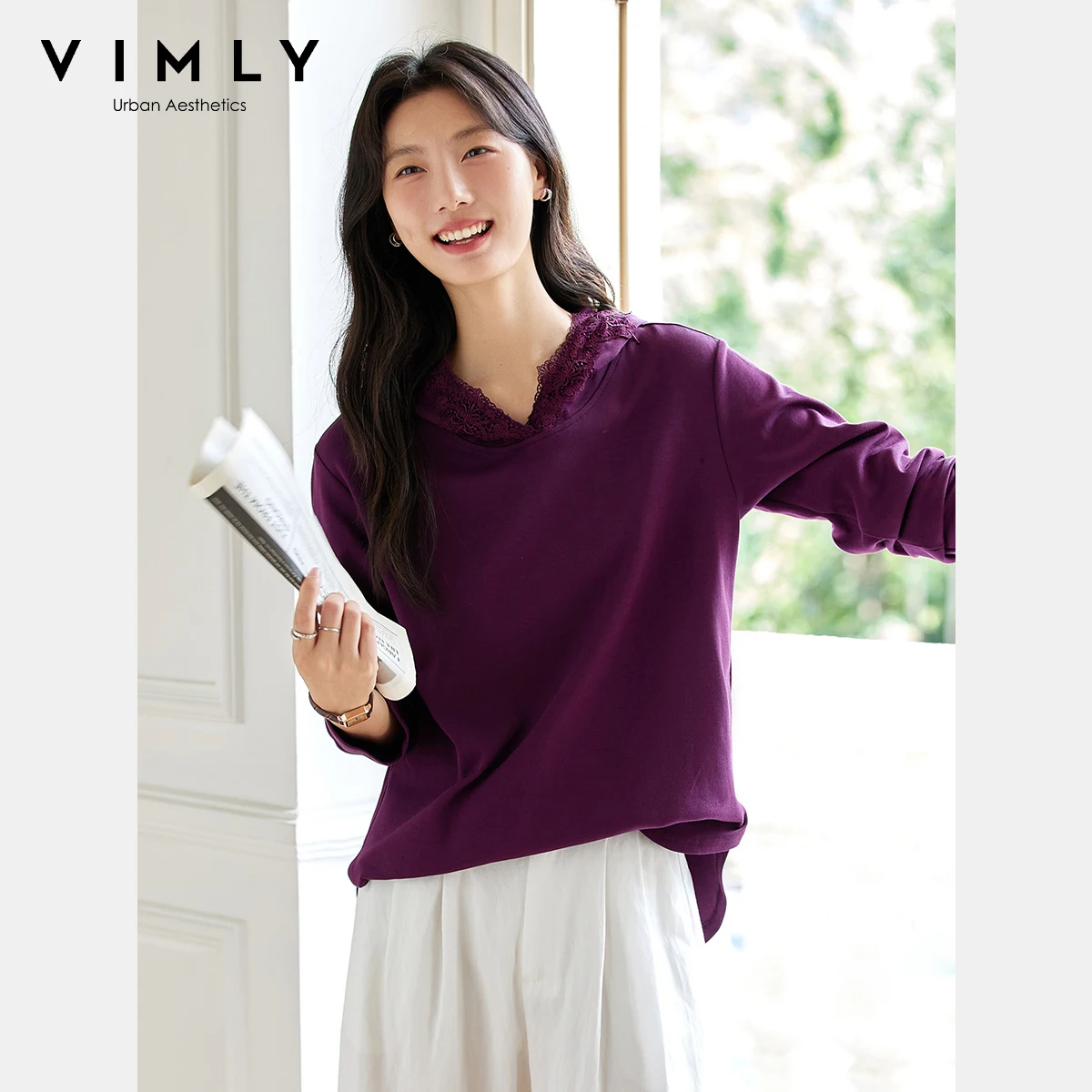 

VIMLY Cotton Woman Lace Hooded T-shirts Casual Solid Knitted Female Tees 2025 Autumn Ladies Long Sleeve Tops Clothes Woman A2135