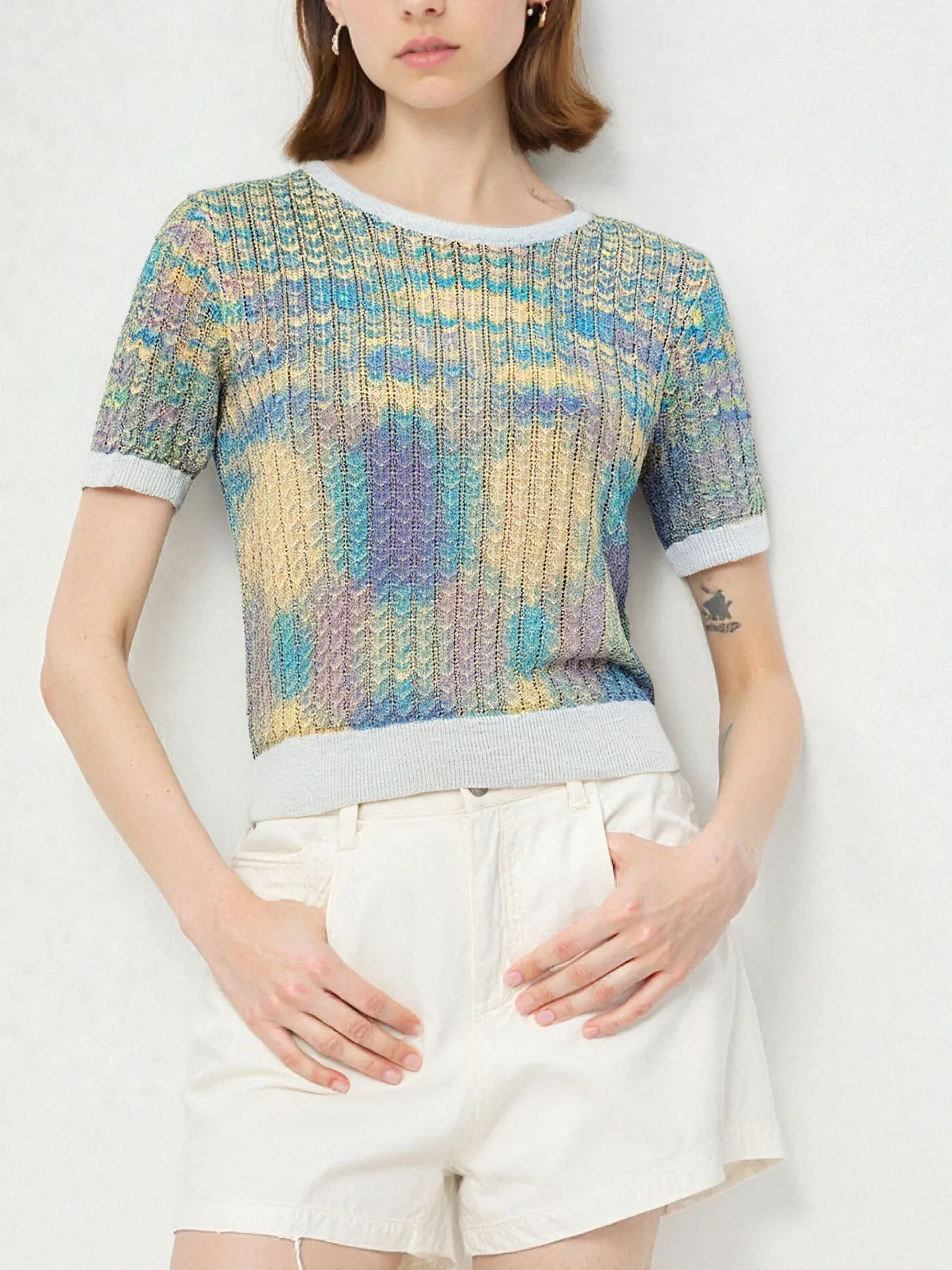 

Женская одежда - Элегантный новый повседневный модный топ с круглым вырезом, асимметричным узором и разноцветной вязкой, с коротким рукавом, подарок