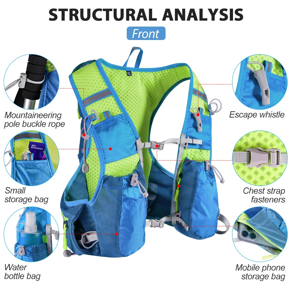 NEWBOLER Lauf-Hydrationsweste Rucksack für Herren, Fahrrad-Rucksack, Wander-Marathon-Weste mit 2L Wasserbeutel und 500ml Wasserflasche – Detail 12