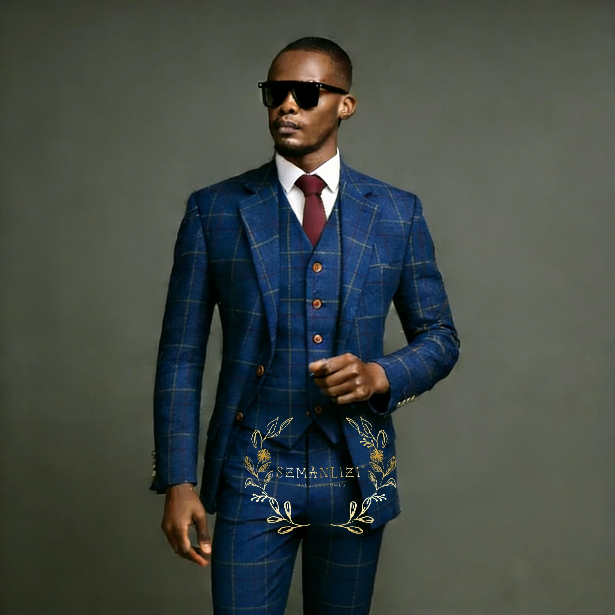 

Winter 3 Pieces Men's Suits Single Breasted Slim Fit Blue Wool Plaid Fashion Style Formal Wedding Groomsmen (Blazer+Vest+Pants)