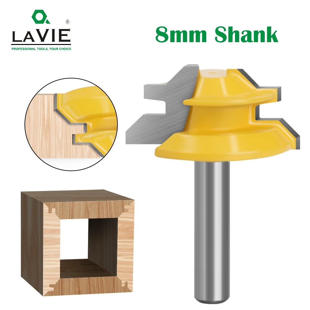 

LA VIE 1PC 8mm Shank 45° Small Lock Miter Router Bit, 3/4" Stock Mortise Tenon Knife Carbide End Mill MC02011