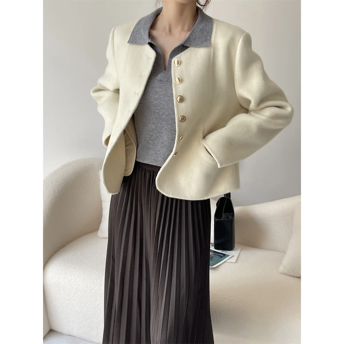 Fashion Solid Color Long Sleeve Round Neck Women's Overcoat 2023 Autumn Winter Korean Single Breasted Patchwork Wool Coat