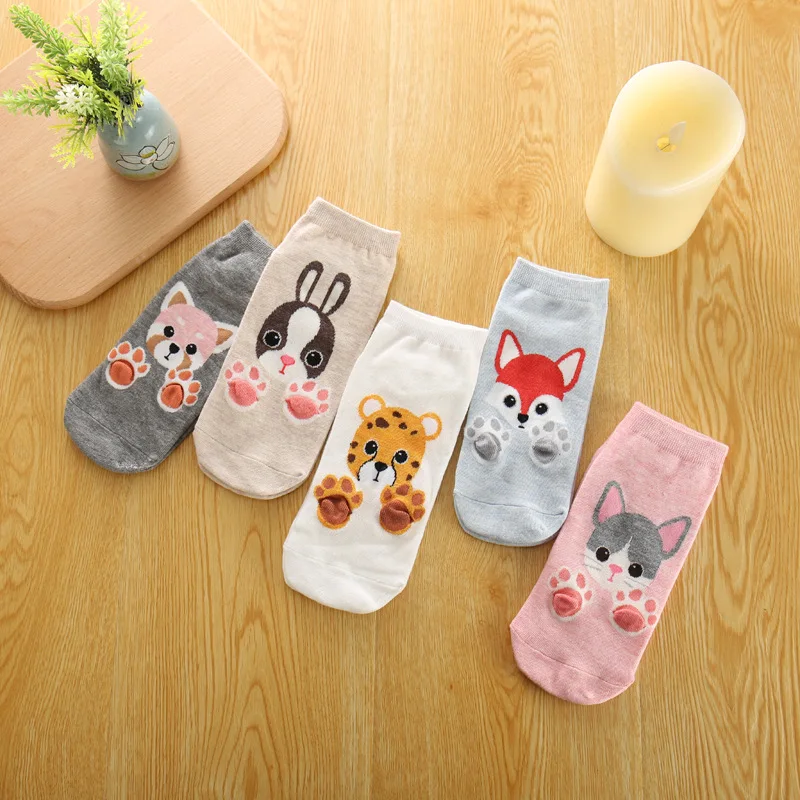 5 Pairs Women Socks Cartoon Animals Boat Sock Female Spring Summer Comfortable Cotton Cute Candy Colors Girls Casual Ankle Socks