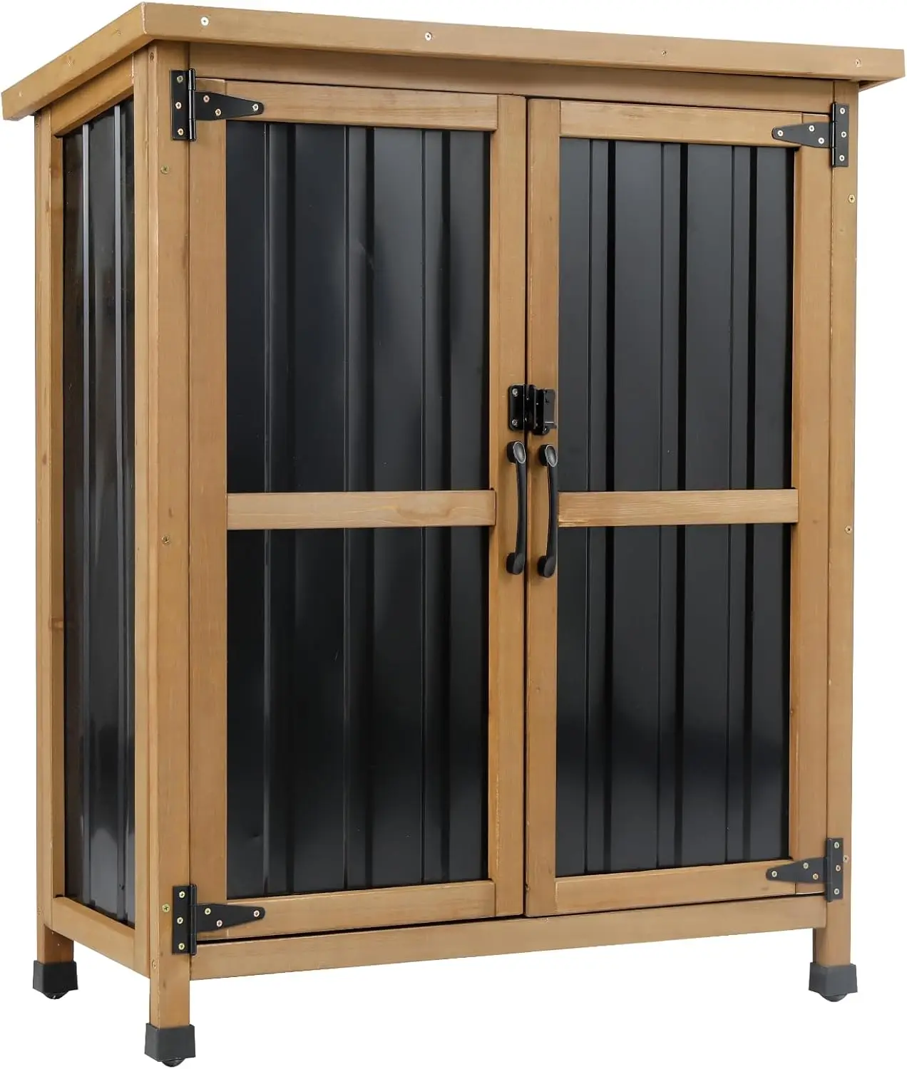

Outdoor Storage Cabinet Wood & Metal Small Storage Shed Waterproof Roof, Double Lockable Doors Garden Shed with Removable