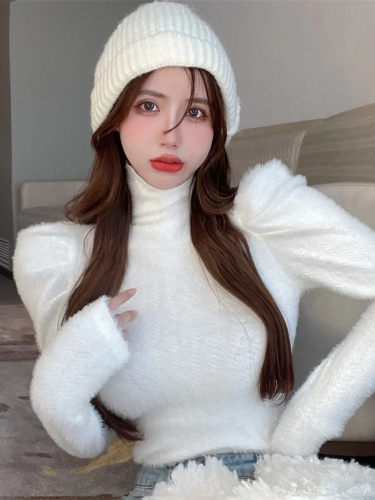 

Women's Long Sve Knitted Top High Collar Bubble Sve Pure Desire Sea Fur Slim Fit Base Layer Bubble Girl Design