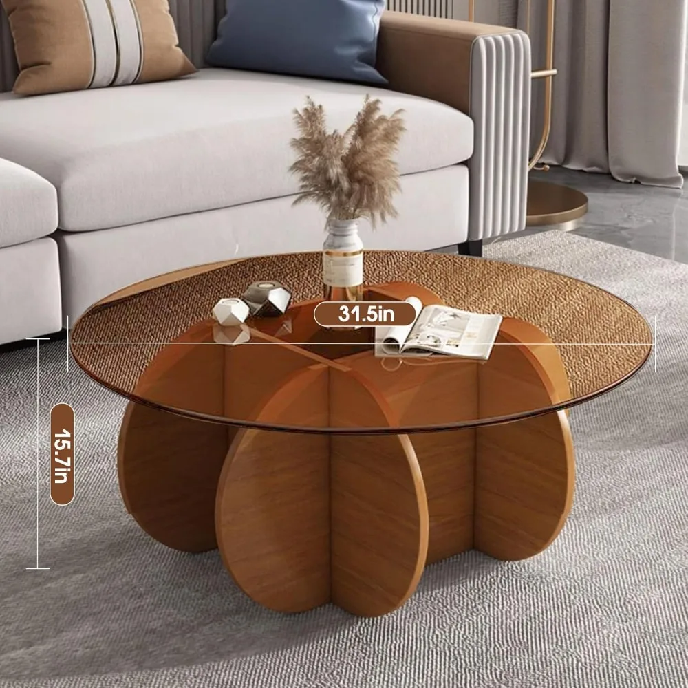 Modern Round Coffee Table with Solid Wood Legs, 31.5'' Glass Coffee Tables Circle Center Cocktail Table with Tempered Glass-Top