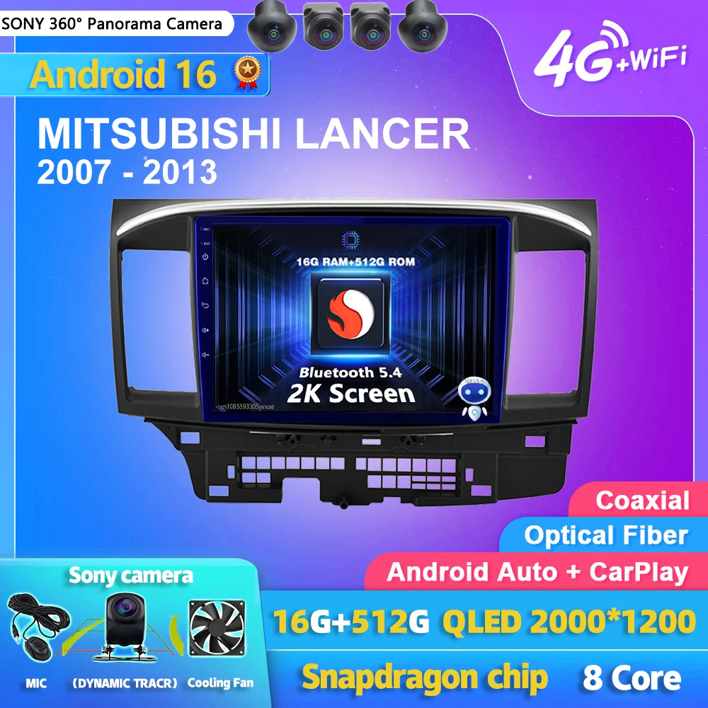Android 16 Carplay Auto Car Radio Multimedia Player For Mitsubishi Lancer 2007-2013 2K Screen Autoradio Stereo 2din Head Unit